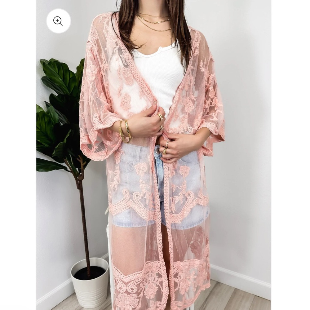 Embroidered Floral Butterfly Kimono Cover Up Cardigan - Mauve NWT One Size